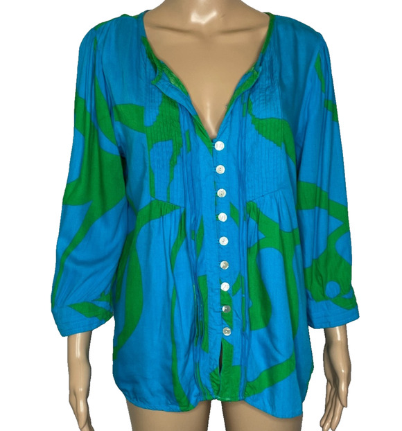 escapada Tops - Women's Large Escapada Blue Floral Button Front Accordion Pleat Blouse